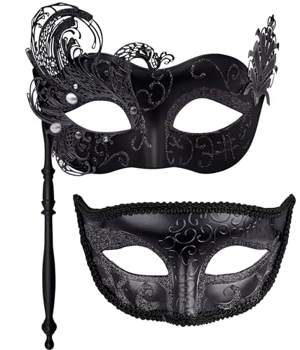 SIQUK 2 Stück Venezianische Maske Paar Maskerade Maske mit Stock Karnevalsmaske Augenmaske für Damen Herren Halloween Karneval, Schwarz SIQUK 2 Stück Venezianische Maske Paar Maskerade Maske mit Stock Karnevalsmaske Augenmaske für Damen Herren Halloween Karneval, Schwarz von SIQUK