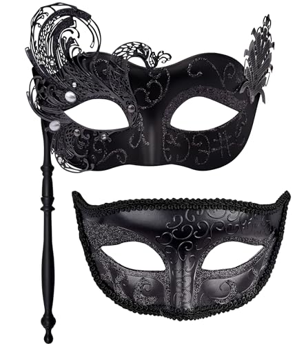 SIQUK 2 Stück Venezianische Maske Paar Maskerade Maske mit Stock Karnevalsmaske Augenmaske für Damen Herren Halloween Karneval, Schwarz von SIQUK
