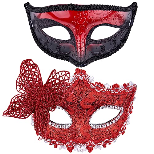 SIQUK 2 Stück Venezianische Maske Paar Spitze Augenmaske Maskerade für Abendkleid Tanz Ball Party Venezianische Maskerade Kostüm, Rot von SIQUK