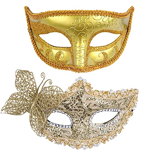 SIQUK 2 Stück Venezianische Maske Paar Augenmaske Maskerade Maske für Paare Abendkleid Tanz Ball Party Venezianische Maskerade Kostüm, Gold von SIQUK