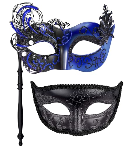 SIQUK 2 Stück Venezianische Maske mit Stab Maskerade Maske Paar Karnevalsmaske Augenmaske für Damen Herren Halloween Karneval, Schwarz & Blau von SIQUK