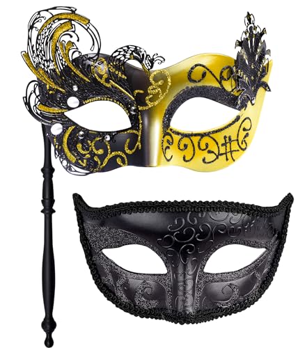SIQUK 2 Stück Venezianische Maske mit Stab Maskerade Maske Paar Karnevalsmaske Augenmaske für Damen Herren Halloween Karneval, Schwarz & Gold von SIQUK