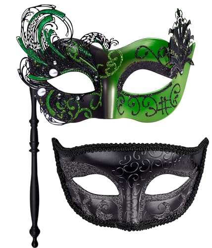 SIQUK 2 Stück Venezianische Maske mit Stab Maskerade Maske Paar Karnevalsmaske Augenmaske für Damen Herren Halloween Karneval, Schwarz & Grün von SIQUK