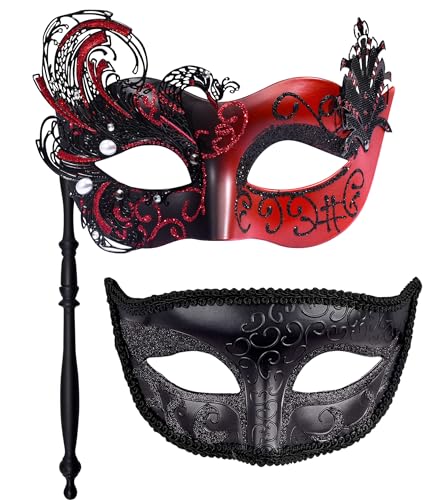 SIQUK 2 Stück Venezianische Maske mit Stab Maskerade Maske Paar Karnevalsmaske Augenmaske für Damen Herren Halloween Karneval, Schwarz & Rot von SIQUK