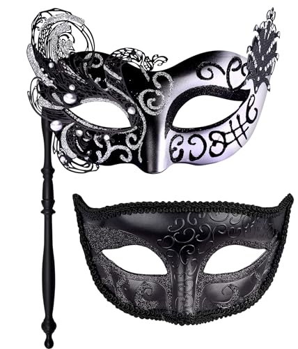 SIQUK 2 Stück Venezianische Maske mit Stab Maskerade Maske Paar Karnevalsmaske Augenmaske für Damen Herren Halloween Karneval, Schwarz & Silber von SIQUK