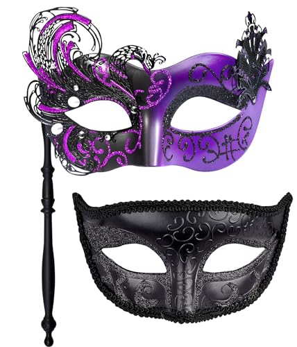 SIQUK 2 Stück Venezianische Maske mit Stab Maskerade Maske Paar Karnevalsmaske Augenmaske für Damen Herren Halloween Karneval, Schwarz & Violett von SIQUK
