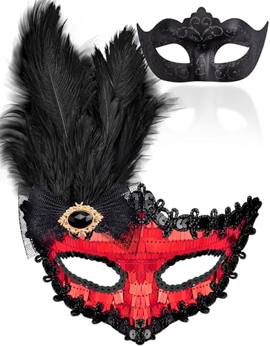SIQUK 2 Stück Venezianischen Maske Masquerade Maske Maskerade Masken für Damen Herren Paar Halloween Karneval Party Kostüm, Schwarz & Rot von SIQUK