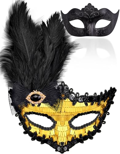 SIQUK 2 Stück Venezianischen Maske Paar Masquerade Maske Maskerade Masken Venezianischen Maske für Damen Herren Halloween Karneval Party Kostüm, Schwarz & Gold von SIQUK
