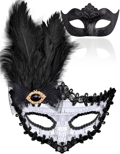 SIQUK 2 Stück Venezianischen Maske Paar Masquerade Maske Maskerade Masken Venezianischen Maske für Damen Herren Halloween Karneval Party Kostüm, Schwarz & Silber von SIQUK