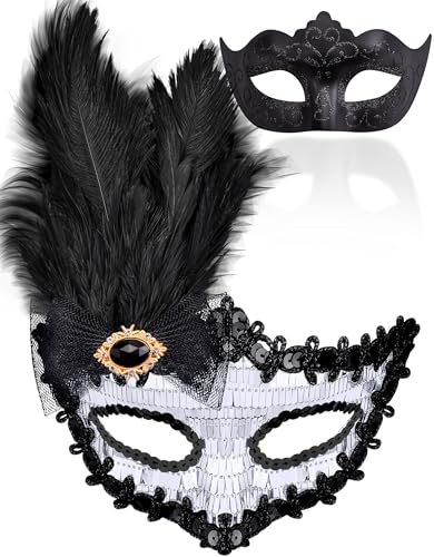 SIQUK 2 Stück Venezianische Masken Paar für Maskerade - Kostüm für Damen und Herren - Halloween, Karneval, Party - Schwarz & Silber von SIQUK