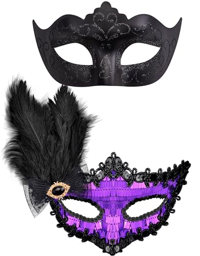 SIQUK 2 Stück Venezianischen Maske Paar Masquerade Maske Maskerade Masken Venezianischen Maske für Damen Herren Halloween Karneval Party Kostüm, Schwarz & Violett von SIQUK