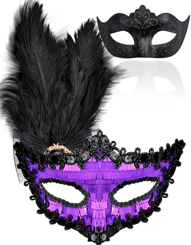 SIQUK 2 Stück Venezianischen Maske Paar Masquerade Maske Maskerade Masken Venezianischen Maske für Damen Herren Halloween Karneval Party Kostüm, Schwarz & Violett von SIQUK