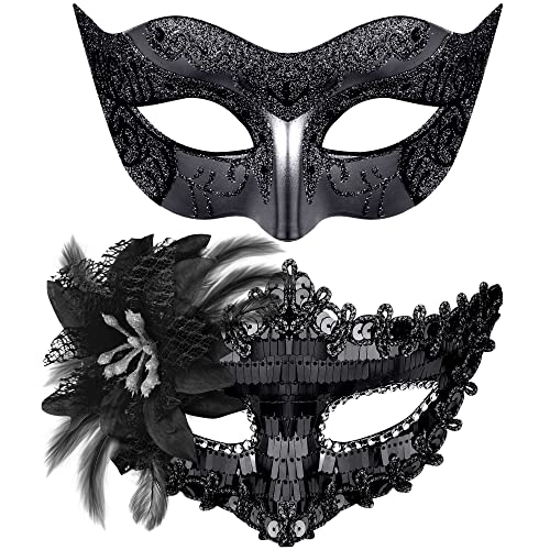 SIQUK 2 Stück Venezianischen Maske Paar Masquerade Maske Maskerade Masken Venezianischen Maske für Damen Herren Halloween Karneval Party Kostüm, Schwarz von SIQUK