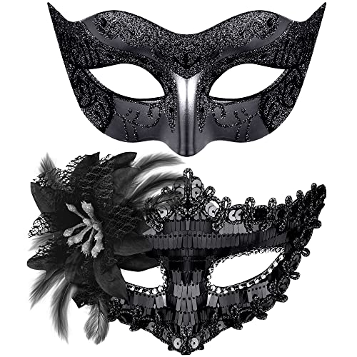 SIQUK 2 Stück Venezianische Masken für Paar - Maskerade für Damen Herren, Halloween, Karneval Party Kostüm, Schwarz von SIQUK