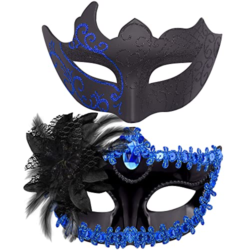 SIQUK 2 Stück Venezianischen Masquerade Maske Paar Maskerade Masken Damen Herren Venezianischen Maske für Halloween Karneval Party Kostüm, Schwarz & Blau von SIQUK