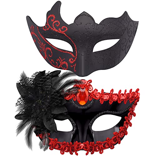 SIQUK 2 Stück Venezianischen Masquerade Maske Paar Maskerade Masken Damen Herren Venezianischen Maske für Halloween Karneval Party Kostüm, Schwarz & Rot von SIQUK