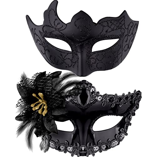 SIQUK 2 Stück Venezianischen Masquerade Maske Paar Maskerade Masken Damen Herren Venezianischen Maske für Halloween Karneval Party Kostüm, Schwarz von SIQUK