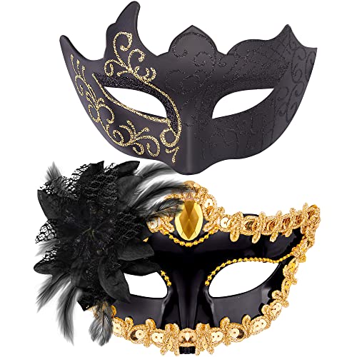 SIQUK 2 Stück Venezianischen Masquerade Maske Paar Maskerade Masken Venezianischen Maske für Damen Herren Halloween Karneval Party Kostüm, Schwarz & Gold von SIQUK