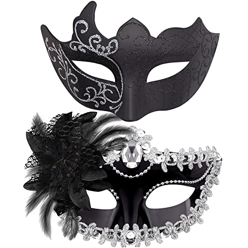 SIQUK 2 Stück Venezianischen Masquerade Maske Paar Maskerade Masken Venezianischen Maske für Damen Herren Halloween Karneval Party Kostüm, Schwarz & Silber von SIQUK