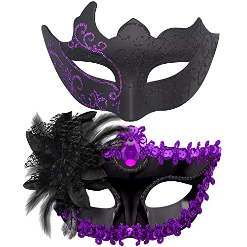 SIQUK 2 Stück Venezianischen Masquerade Maske Paar Maskerade Masken Venezianischen Maske für Damen Herren Halloween Karneval Party Kostüm, Schwarz & Violett von SIQUK