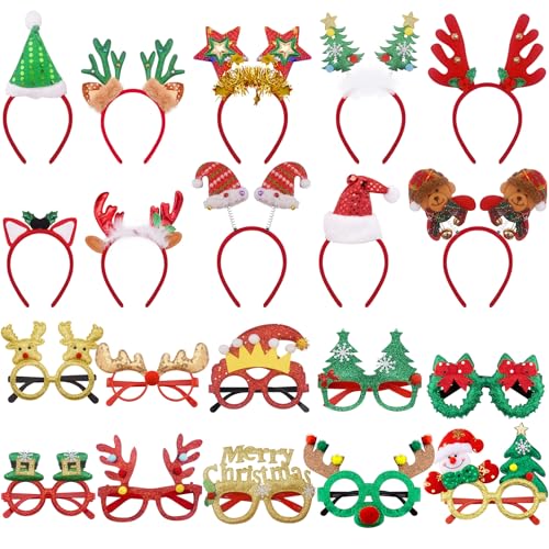 SIQUK 20 Stück Weihnachten Haarreifen Weihnachtsbrille Set, Weihnachten Stirnbänd Haarband Weihnachten Brille Rahmen Weihnachts Kopfschmuck Weihnachtsbaum für Weihnachs Party Kostüm von SIQUK
