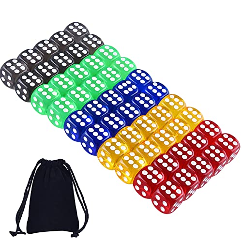 SIQUK 50 Stück Spielwürfel Set 5 transluzente Farben 6-seitige runde Eckenwürfel mit kostenloser Aufbewahrungstasche für Spiele wie Tenzi, Farkle, Yahtzee, Bunco oder Teaching Math von SIQUK