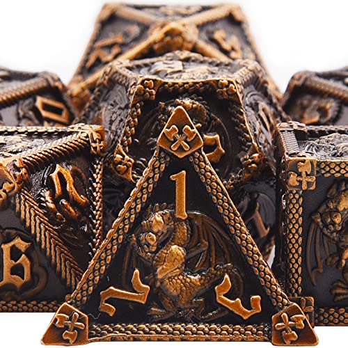 SIQUK 7 Stücke Würfel Metall Set DND Würfel Polyedrisch Würfel Metall Spielwürfel D20 D12 D10 D% D8 D6 D4 DND Dice Metal für RPG D&D Dungeons and Dragons, AltesGold von SIQUK