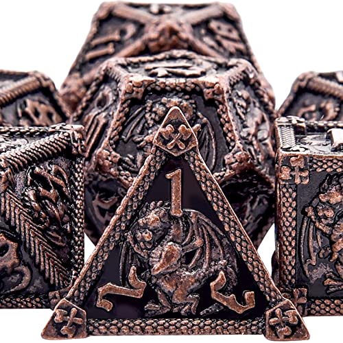 SIQUK 7 Stücke Würfel Metall Set DND Würfel Polyedrisch Würfel Metall Spielwürfel D20 D12 D10 D% D8 D6 D4 DND Dice Metal für RPG D&D Dungeons and Dragons, AntikKupfer von SIQUK