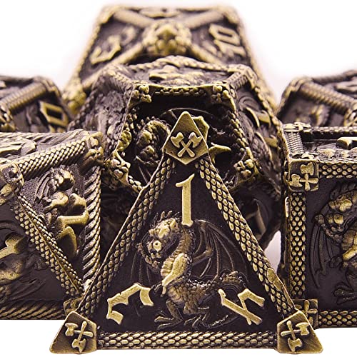 SIQUK 7 Stücke Würfel Metall Set DND Würfel Polyedrisch Würfel Metall Spielwürfel D20 D12 D10 D% D8 D6 D4 DND Dice Metal für RPG D&D Dungeons and Dragons, Bronze von SIQUK