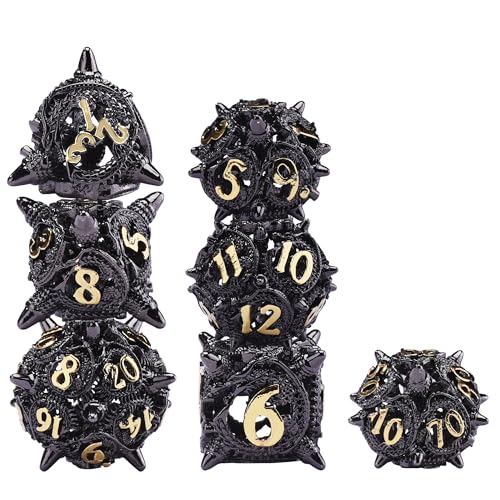 SIQUK 7 Stücke Würfel Polyedrisch DND, Würfel Metall Hohle Spiel Würfel Spielwürfel Dice Set D4/D6/D8/D10/D12/D20/D% für Dungeons and Dragons D&D MTG RPG, Schwarz & Gold von SIQUK