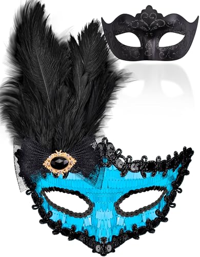 SIQUK Paar Maskerade Masken Feder Venezianische Party Maske Kunststoff Halloween Kostüm Maske Strass Karneval Maske für Paare Damen und Herren, Feder Schwarz & Blau, Einheitsgröße von SIQUK
