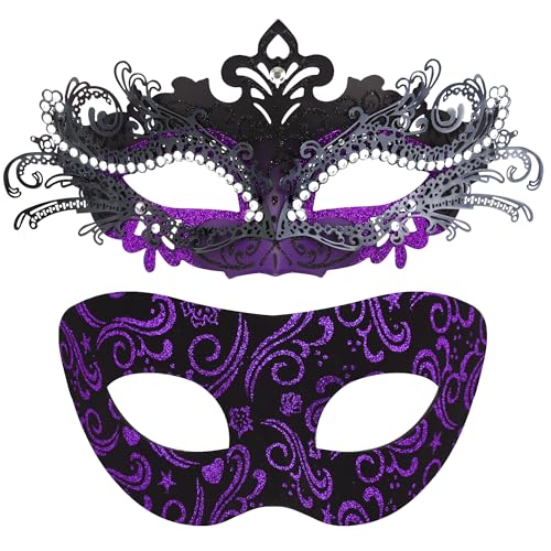 SIQUK Paar Maskerade Masken Metall Venezianische Party Maske Karneval Maske Halloween Kostüm Maske für Paare Damen Herren, eingelegte Legierung Schwarz Violett Einheitsgröße von SIQUK