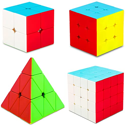 SISYS 4 Pack Zauberwürfel Set Speed Cube 2x2x2 + 3x3x3 + 4x4x4 + Pyraminx Pyramide Magic Puzzle Cubes Würfel Aufkleberlos Speedcube 3D Puzzle Spiele für Kinder Erwachsene von SISYS