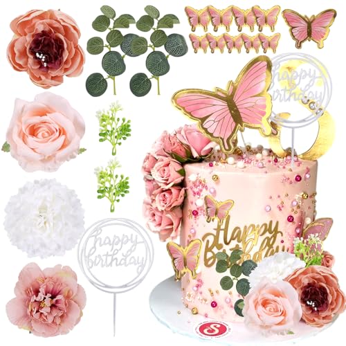 19 Stk Tortendeko Blumen, Schmetterlinge Kuchen Happy Birthday Tortendeko, Rosa Hochzeit Blumen, Kuchendekorationen mit künstlichen Eukalyptusblüten für DIY-Geburtstagsfeiern, Hochzeiten, Valentinstag 19 Stk Tortendeko Blumen, Schmetterlinge Kuchen Happy Birthday Tortendeko, Rosa Hochzeit Blumen, Kuchendekorationen mit künstlichen Eukalyptusblüten für DIY-Geburtstagsfeiern, Hochzeiten, Valentinstag von SIWOKJJO