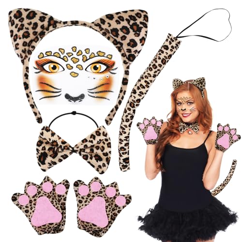 SIWOKJJO 6-teilig Leoparden Kostüm Set, Leoparden Kostüm Damen, Leoparden Ohren Haarreif, Leopard Schwanz, Fliege, Handschuhe, Leopard Schminke Aufkleber für Fasching Karneval Verkleidung Party SIWOKJJO 6-teilig Leoparden Kostüm Set, Leoparden Kostüm Damen, Leoparden Ohren Haarreif, Leopard Schwanz, Fliege, Handschuhe, Leopard Schminke Aufkleber für Fasching Karneval Verkleidung Party von SIWOKJJO