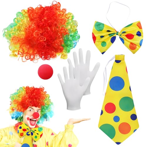 SIWOKJJO 5 Stück Clown Kostüm Accessoire, Regenbogen Perücke Clown, Lockenperücke Clown, Clown Nase, Fliege, Krawatte, Handschuhen, Clown Kostümzubehör für Damen und Herren Karnevalisten SIWOKJJO 5 Stück Clown Kostüm Accessoire, Regenbogen Perücke Clown, Lockenperücke Clown, Clown Nase, Fliege, Krawatte, Handschuhen, Clown Kostümzubehör für Damen und Herren Karnevalisten von SIWOKJJO
