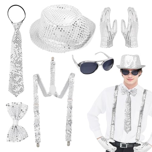 SIWOKJJO Glitzer Outfit Herren 6er Set, Glitzer Accessoires Herren, Glitzer Kostüm Herre Pailletten Kostüm Silber 70er Jahre Disco Zubehör für Karneval Fasching Disco Party SIWOKJJO Glitzer Outfit Herren 6er Set, Glitzer Accessoires Herren, Glitzer Kostüm Herre Pailletten Kostüm Silber 70er Jahre Disco Zubehör für Karneval Fasching Disco Party von SIWOKJJO