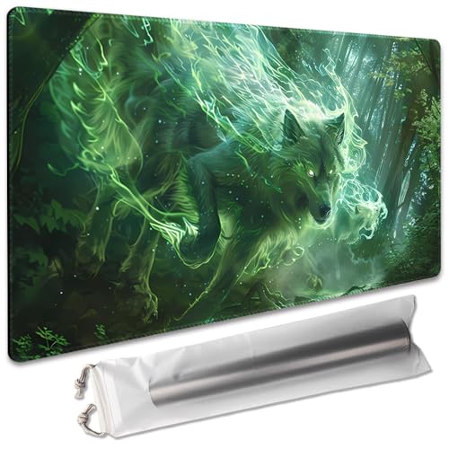 SIXTORE Premium-Brettspiel, 61 x 35,6 cm, TCG-Spielmatte, kompatibel mit OCG CCG RPG MTG Spielmatten, Mauspad, Schreibtischunterlage (040322-Grüner Wolf) von SIXTORE