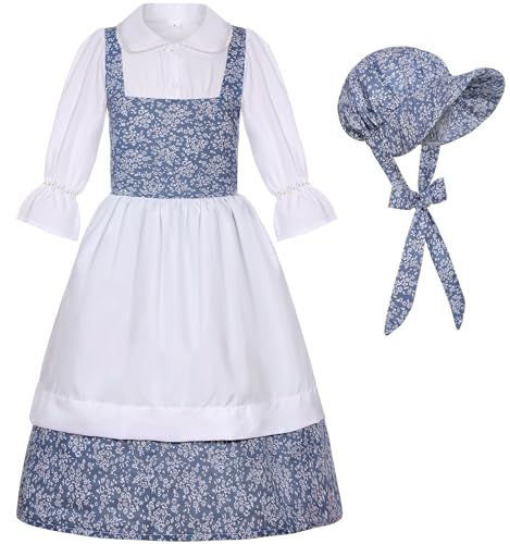 SIZGAROOT Colonial Pionier-Kostüm für Mädchen, Wiesenkleid mit Mütze (7-8 Jahre) von SIZGAROOT