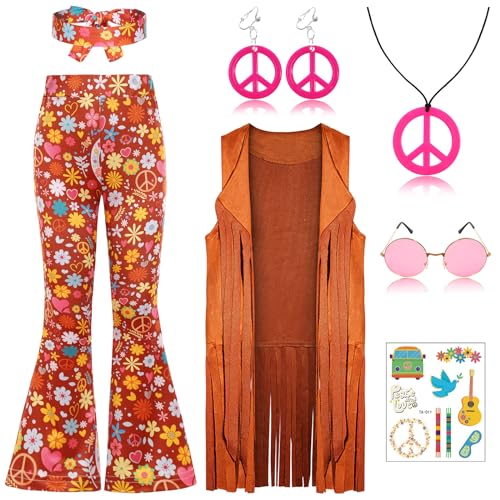 SIZGAROOT Hippie-Kostüm für Mädchen im 60er- und 70er-Jahre-Stil, für Halloween, Kostümparty, Braun, 6–8 Jahre SIZGAROOT Hippie-Kostüm für Mädchen im 60er- und 70er-Jahre-Stil, für Halloween, Kostümparty, Braun, 6–8 Jahre von SIZGAROOT