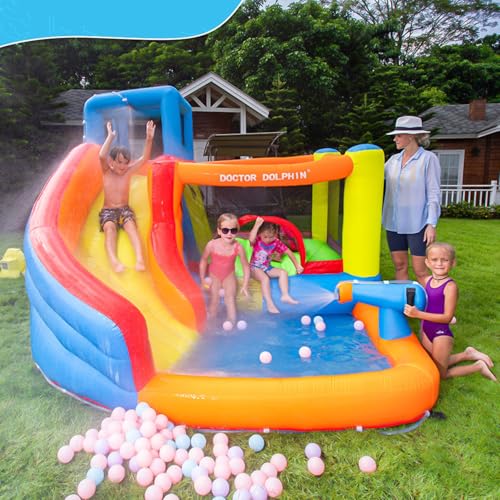 SJUN Hüpfburg, Kinder Hüpfburg Mit Gebläse，Aufblasbares Schloss Für Innen- Und Außenbereiche, Mit Rutschen Für Wandklettern, Für 3-5 Kinder Im Alter Von 3-10 Jahren(Water Guns) von SJUN