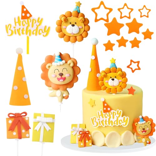 SJUNJIE 15 Stück Löwen Tortendeko Happy Birthday Tortendeko Orange Kuchendeko Geburtstag Löwen Cupcake Topper Dschungel Deko mit Partyhut Geschenk Stern für Junge und Mädchen Torten Deko von SJUNJIE