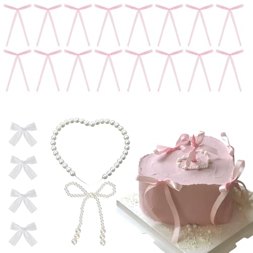 SJUNJIE 26 Stück Tortendeko Schleifen Cake Topper Geburtstag Rosa Deko Hochzeitstorte mit Perle Schleife deko und Haarschmuck Mädchen Kuchen Deko für Valentinstag Geburtstag Party von SJUNJIE
