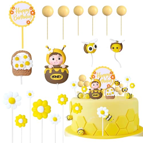 SJUNJIE Biene Tortendeko Set 17 Stück Tortendeko Geburtstag Gänseblümchen Deko Bienen Ballon Kuchendeko Geburtstag für Jungen Mädchen Kind Geburtstagsparty Hochzeit Kuchen Deko von SJUNJIE