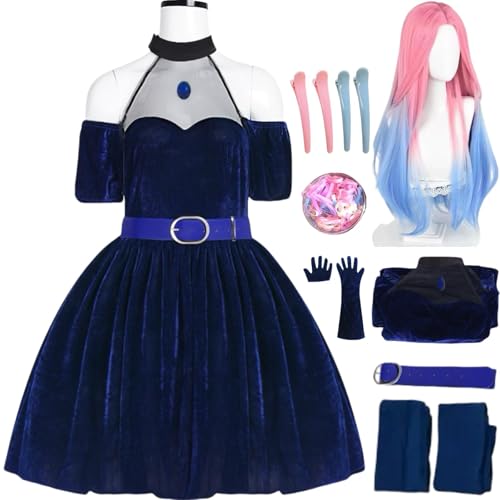 Mizi Cosplay Alienstage dunkelblaues schulterfreies Kleid-Set mit Perücke Handschuhen Socken Gürtel Halloween-Karnevalsparty-Auftritt Anime-Kostüm für Erwachsene (Blau + Perücke, XX-Large) von SJZZXU
