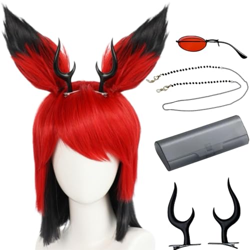 SJZZXU Alastor Cosplay Kostüm Hazbinhotel Cosplay Roter Anzug mit Perücke Haarschmuck Brille Halloween Anime Kostüm (1, Einheitsgröße) von SJZZXU