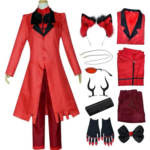 SJZZXU Alastor Cosplay Kostüm Hazbinhotel Cosplay Roter Anzug mit Perücke Haarschmuck Brille Halloween Anime Kostüm (Rot, S) von SJZZXU