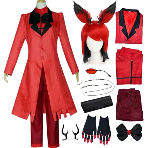 SJZZXU Alastor Cosplay Kostüm Hazbinhotel Cosplay Roter Anzug mit Perücke Haarschmuck Brille Halloween Anime Kostüm (Rot + Perücke, S) von SJZZXU