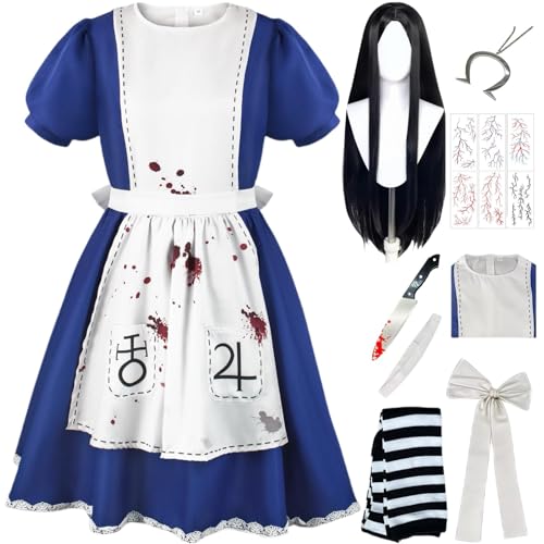 SJZZXU Alicemadness returns Cosplay Kostüm blaues Dienstmädchen-Outfit mit Perücke Halskette Requisiten Halloween-Karnevalsparty-Kostüm (Blau 1+ Perücke, M) von SJZZXU