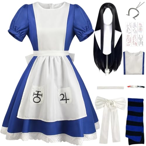 SJZZXU Alicemadness returns Cosplay Kostüm blaues Dienstmädchen-Outfit mit Perücke Halskette Requisiten Halloween-Karnevalsparty-Kostüm (Blau 2+ Perücke, XS) von SJZZXU